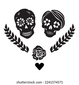 Valentines day skull love tattoo graphic. Vector skeleton couple. 