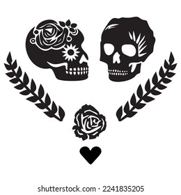 Valentines day skull love tattoo graphic. Vector skeleton couple. 