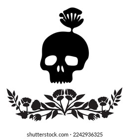 Valentines day skull love tattoo graphic. Vector floral skeleton. 
