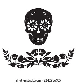 Valentines day skull love tattoo graphic. Vector floral skeleton. 
