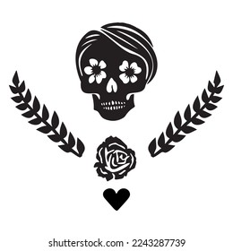 Valentines day skull love tattoo graphic. Vector floral skeleton. 