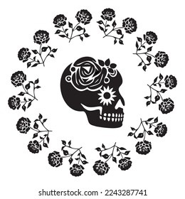 Valentines day skull love tattoo graphic. Vector floral skeleton. 