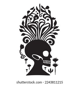 Valentines day skull love tattoo graphic. Vector floral skeleton. 