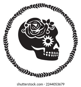 Valentines day skull love tattoo graphic. Vector floral skeleton. 