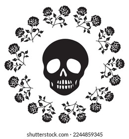 Valentines day skull love tattoo graphic. Vector floral skeleton. 