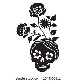 Valentines day skull love tattoo graphic. Vector floral skeleton. 