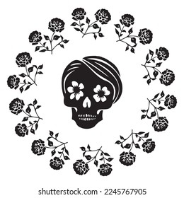 Valentines day skull love tattoo graphic. Vector floral skeleton. 