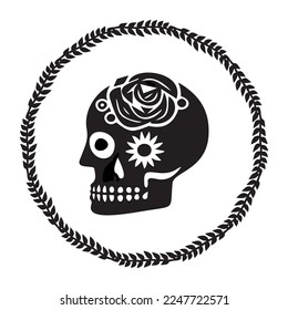 Valentines day skull love tattoo graphic. Vector floral skeleton. 