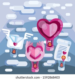 Valentine's Day. In the sky are balloons, gondolas, in the form of hearts, letters, hearts in hands and a scroll. Balloon heart, balloon letter. The sky is in the clouds, below the mountains.