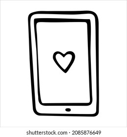 Valentine's Day smartphone love heart doodle vector illustrations black and white hand drawn