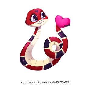 Valentines day snake with love heart. Cartoon vector cute snake character holding pink love heart on its tail. Striped reptile, serpent animal, evokes celebration, and Chinese cultural tradition