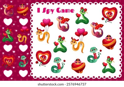 Valentines day snakes, I spy game worksheet. Vector kids riddle with cute and charming reptile characters adorned with hearts, roses and balloons. Winter holiday educational learning activity puzzle