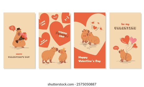 Valentine's Day Social Media Covers with Cute Capybaras. Flat design vector template for social media greetings.