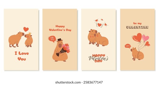 Valentine's Day Social Media Covers with Cute Capybaras. Flat design vector template for social media greetings.