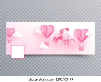 Valentine's day social media header or banner design with paper origami of hot air balloons and cute couple illustration on stripe background.