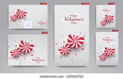 Valentine's Day social media header and poster design with illustration of heart shape candies on gray background.