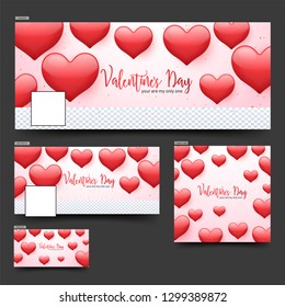 Valentine's Day social media header or banner set decorated with red heart shapes and space for your image.