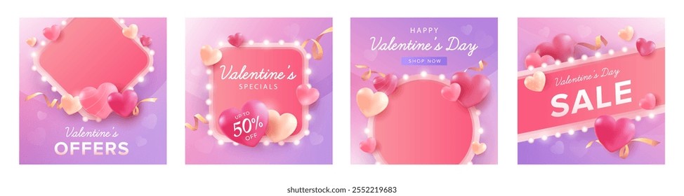 Valentine's Day Social Media Light Bulb Style Post Collection. Promotion sale template for love and valentine's day concept.