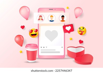 Valentines Day Social media platform online communication concept. Happy Valentine's Day special offer web banner with icons, coffee cup and heart shape gift box. Vector illustration