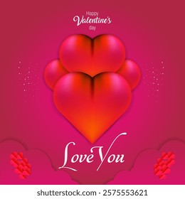 Valentine's day social media post design with pink and red gradient heart shapes. Happy valentine’s day and love you calligraphy text on a pink background. social media post design for february 14.