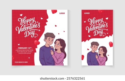 Valentine's Day social media post design with Cute Couple flat illustration for business marketing