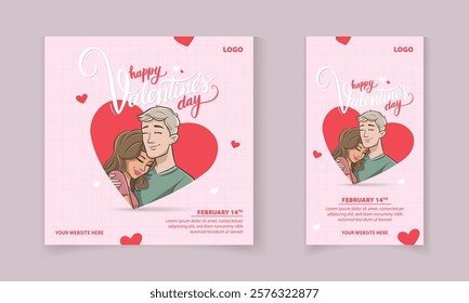 Valentine's Day social media post design with Cute Cartoon Couple in heart shape for marketing