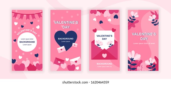 Valentines Day social media stories design templates vector set, backgrounds with copyspace - romantic holiday - backdrop for vertical banner, poster, greeting card - congratulation concept