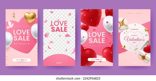 Valentine's Day social media stories template. Banners with romantic design, love symbols, balloons and place for text. Ideal for wedding, event invitation, discount voucher, promo. Vector eps 10