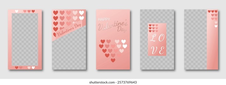 Valentine's Day social media templates design, set of background for banner, flyer, card on the pink backdrop with hearts en rosate tones. vector illustration for poster, frame, stories, story post