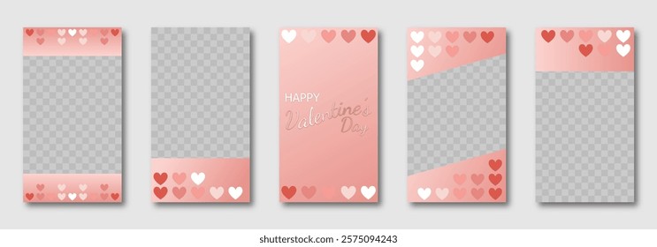 Valentine's Day social media templates design, set of background for banner, flyer, card on the pink backdrop with hearts en roseate tones. vector illustration for poster, frame, stories, story post