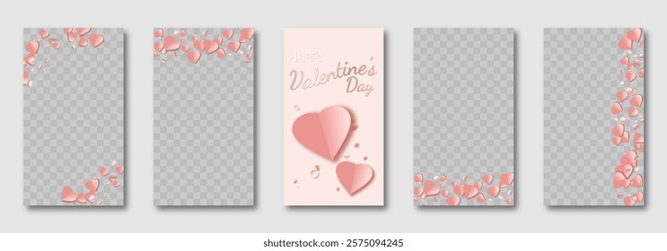 Valentine's Day social media templates design, set of background for banner, flyer, card on the pink backdrop with hearts en roseate tones. vector illustration for poster, frame, stories, story post