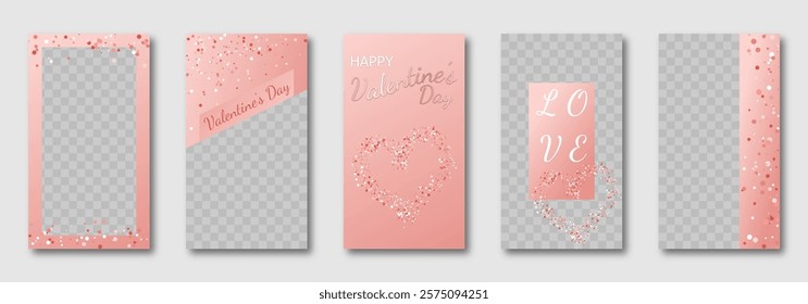 Valentine's Day social media templates design, set of background for banner, flyer, card on the pink backdrop with hearts en roseate tones. vector illustration for poster, frame, stories, story post