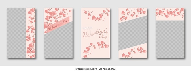 Valentine's Day social media templates design, set of background for banner, flyer, card on the pink backdrop with hearts en roseate tones. vector illustration for poster, frame, stories, story post