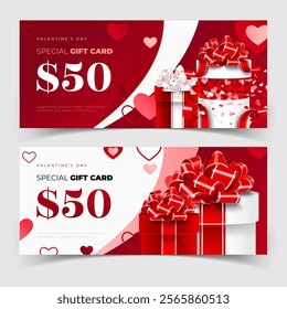 Valentine's day special gift card worth $50. Coupon card element template for graphics design. Vector illustration