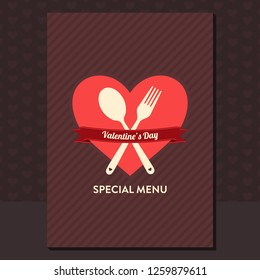 Valentine's day special menu design with heart shape, spoon, fork and ribbon - vintage style flat design