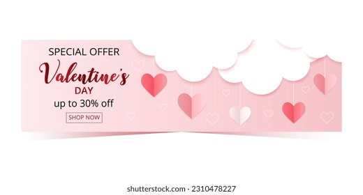 Valentine's Day special offer 30% off poster or banner set with many papercut hearts. Promotion and shopping template or background for Love and Valentine's day concept