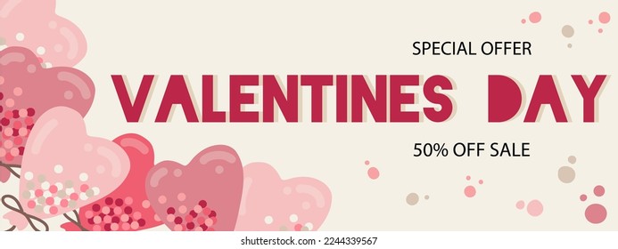 Valentines Day special offer banner with hand drawn heart shape balloons.  Flayer card design