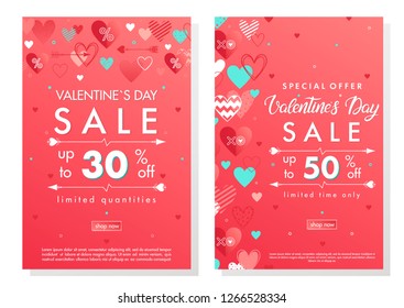 Valentines Day special offer banners with different hearts.Sale flyers templates perfect for prints, flyers, banners, promotions, special offers and more. Vector Valentines Day promotions.