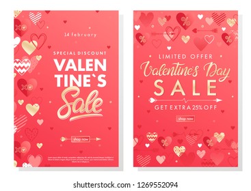 Valentines Day special offer banners with different hearts and golden foil elements.Saletemplates perfect for prints, flyers, banners, promotions, special offers and more. Vector Valentines promos.