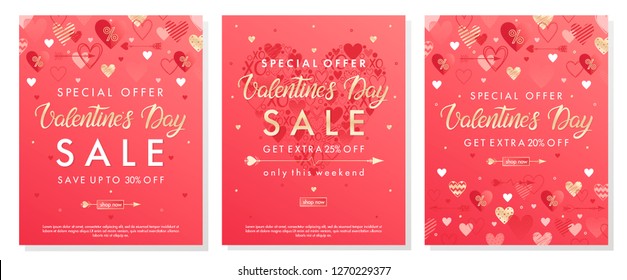 Valentines Day special offer banners with different hearts and golden foil elements.Saletemplates perfect for prints, flyers, banners, promotions, special offers and more. Vector Valentines promos.