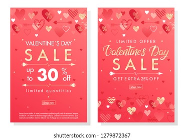 Valentines Day special offer banners with different hearts and golden foil elements.Saletemplates perfect for prints, flyers, banners, promotions, special offers and more.Vector Valentines promos.
