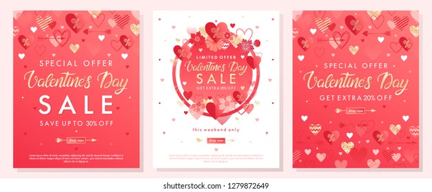 Valentines Day special offer banners with different hearts and golden foil elements.Saletemplates perfect for prints, flyers, banners, promotions, special offers and more.Vector Valentines promos.