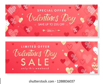 Valentines Day special offer banners with different hearts and golden foil elements.Saletemplates perfect for prints, flyers, banners, promotions, special offers and more.Vector Valentines promos.