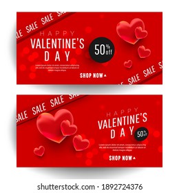 Valentines Day special offer banners with 3d shape hearts. Vector Illustration