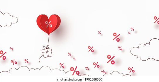 El día de San Valentín especial ofrece globo de corazón rojo y caja de regalo volando sobre el fondo del cielo. Banner promocional con un porcentaje de descuento por baluon. Patrón de vectores para promoción, mejor diseño de precios