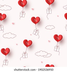 Valentine's Day special offer red heart balloons and gift boxes flying on sky background. Promo banner with percent off baloons discount sale. Vector seamless pattern for promotion, best price design