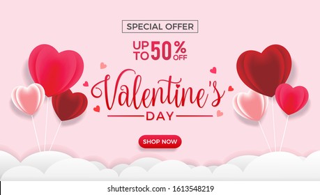 Valentine's day special offer sale. Discount up to 50% banner template with red and pink hearts