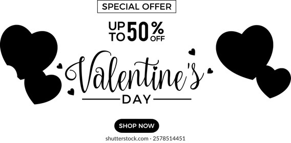 Valentine's day special offer sale. Discount up to 50% banner template with red and pink hearts