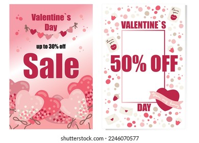 Valentines Day special offer set flyers with romantic cute elements
on a gradient background