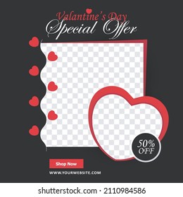 Valentine's Day Special Offer Social Media Template, Vector Illustration, Abstract Design, 50% Off